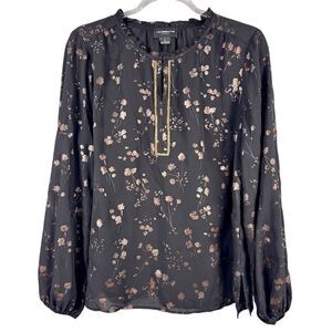 Liz Claiborne Women's Size M Sheer Black Floral Beaded V-Neck Long Sleeve Blouse